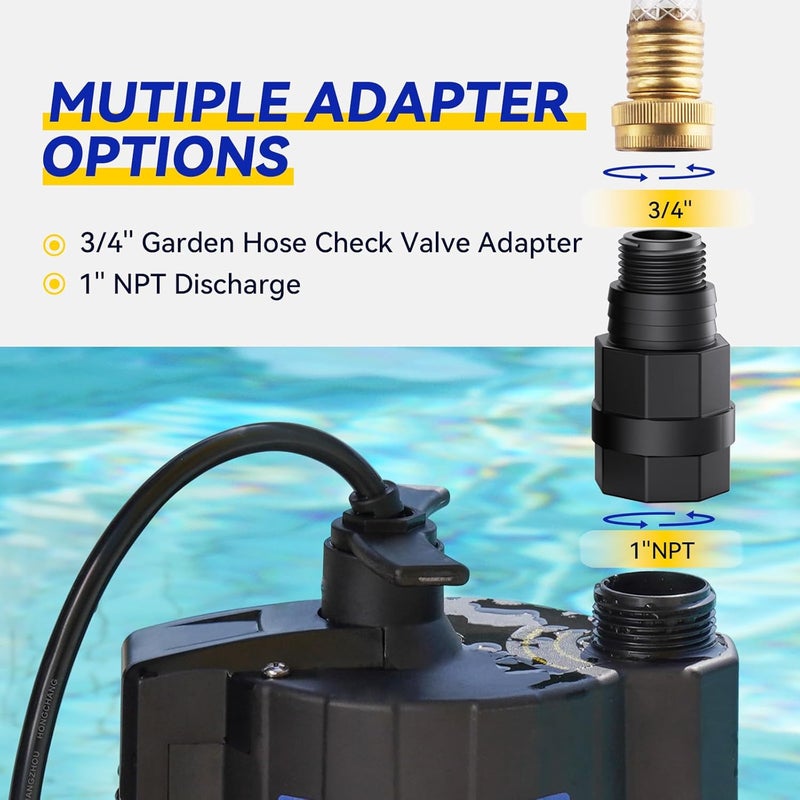 Acquaer 1/4 HP Automatic Sump Pump, 115V Submersible Water Pump with 3/4” Garden Hose Check Valve Adapter,1980 GPH High Flow Water Removal for Swimming Pool Cover Hot Tubs Flooded House Basement - Image 4